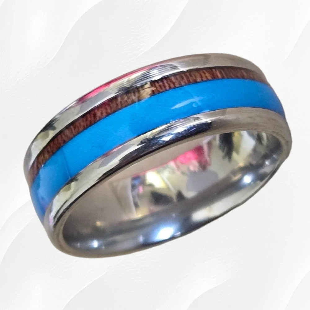 Turquoise Wood Pattern Band Inlay Stainless Steel Fashion Ring Size 11